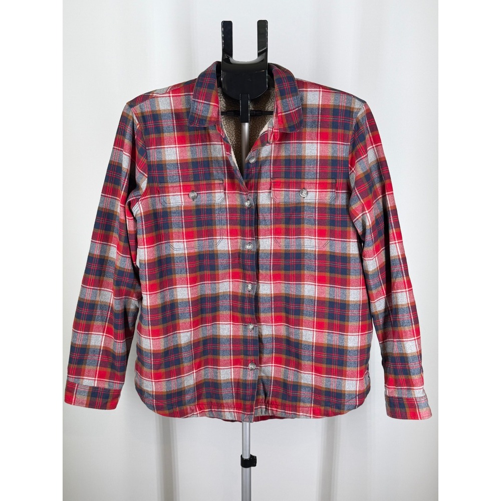 Eddie Bauer Womens L Red Plaid Sherpa Lined Flannel Shirt Jacket Shacket